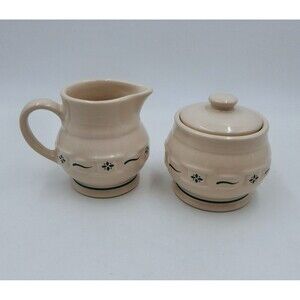 Longaberger Pottery Woven Traditions Heritage Green Sugar Bowl & Creamer Set USA